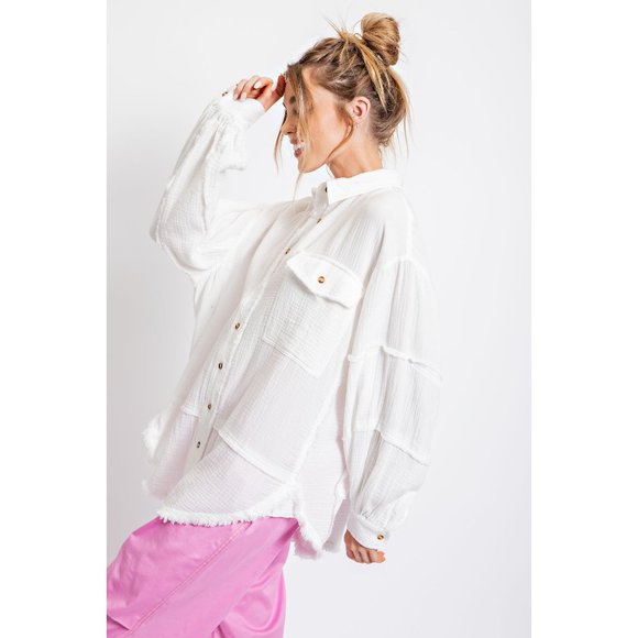 Easel Plus Off White Cotton Raw Hemline Curved Balloon Sleeve Loose Fit Top - Picture 4 of 5